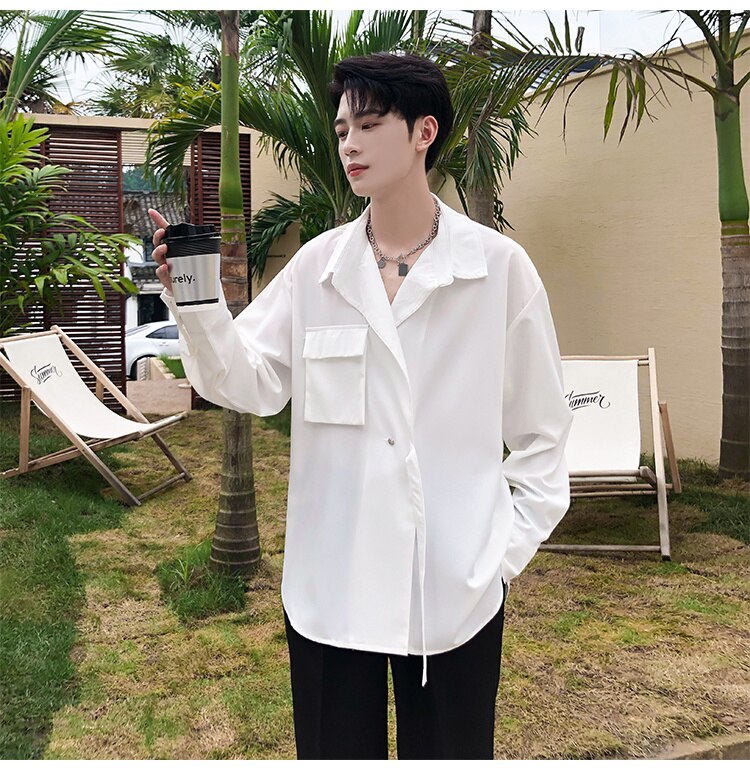 Bonsir Korean Style Men's Solid Color Long Sleeve Ribbon Shirts White/black Irregular Shirts Camisa Masculina Streetwear Clothes