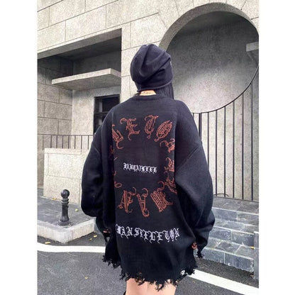 sanyamk Punk Gothic Wings Pattern Embroidery Destruction Style Oversized Sweater women Y2k Street Hip Hop Crew Neck Sweater Couple