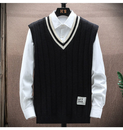 sanyamk 151 Autumn Winter Men Knitted Sweater Waistcoat Fashion Campus Casual Color Contrast Sleeveless Stripe V-Neck Patchwork Vest