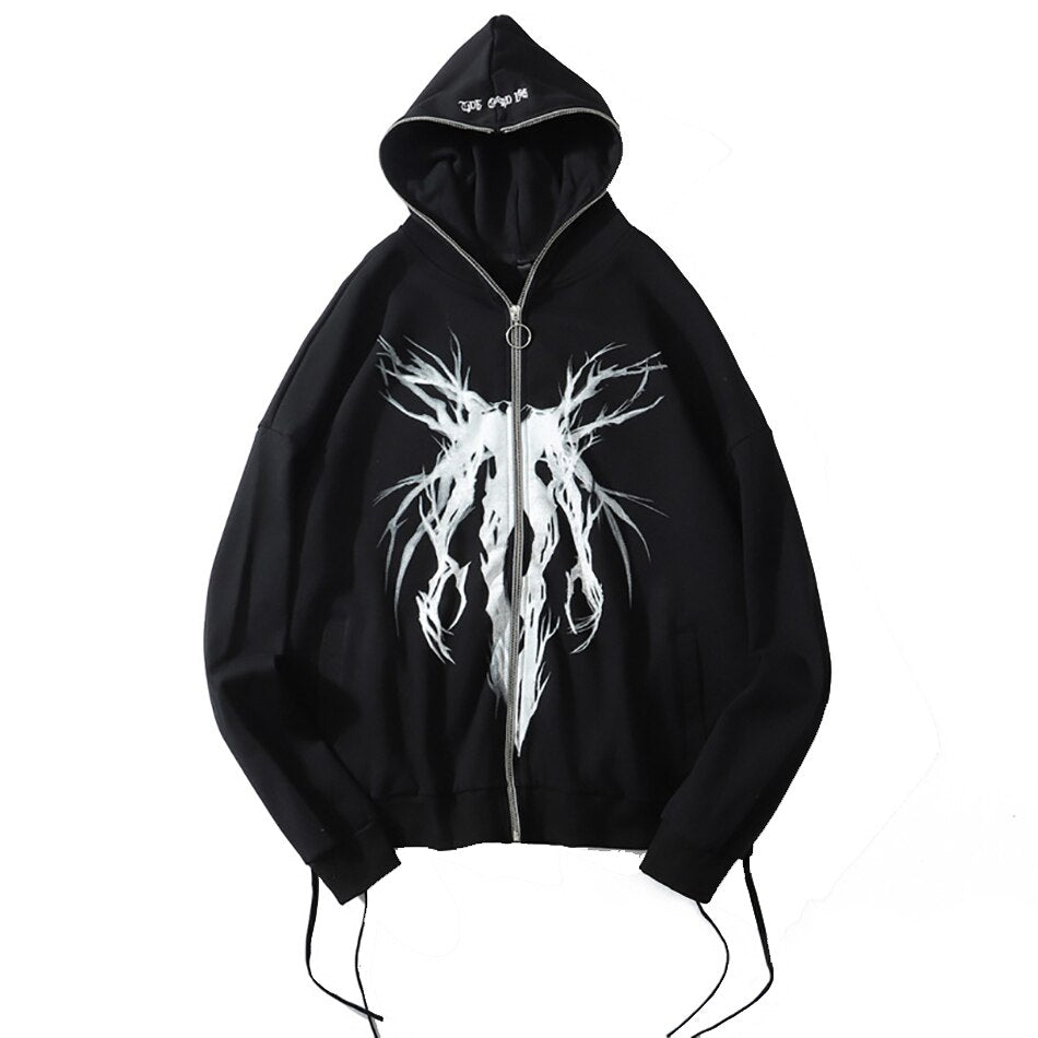 Bonsir Demon Slayer Fashion Men Evil Print Hoodies Black Zip Up Cardigan Hooded Sweatshirt Mens Streetwear Loose Plus Size Hoodie Oodie