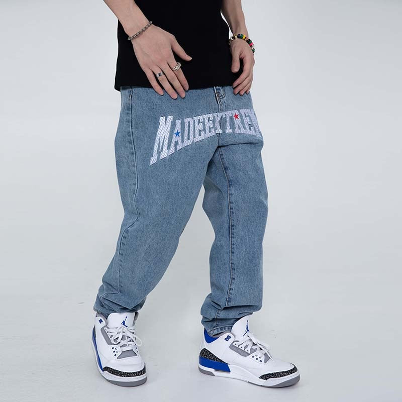 Bonsir Color Letter Embroidery Retro Ripped Denim Pants Mens Hip Hop Straight Washed Oversized Casual Loose Couple Jeans Trousers