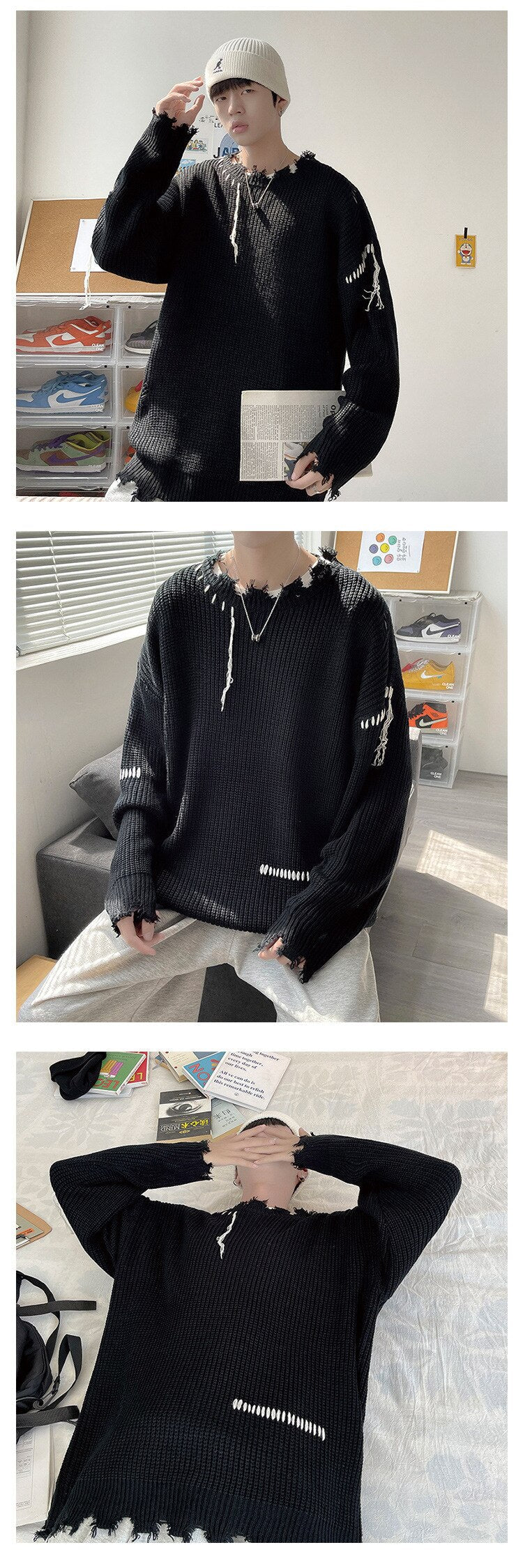 Bonsir Spring Autumn Ins High Street Ripped Sweater Men's Hole Loose Lazy Knitted Pullover Harajuku Version Trend Student Streetwear