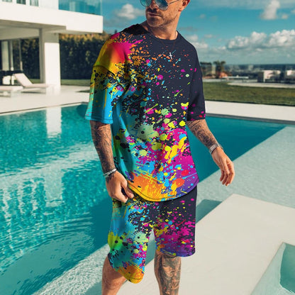 sanyamk trendy mens fashion mens summer outfits dope outfits mens street style mens spring fashion aesthetic outfits menSplatter Colorful Paint Stains 3D Print Casual Men Sets Short Outfits T Shirt+Shorts Male Tracksuit Set Men's Clothing 2 Pcs Set