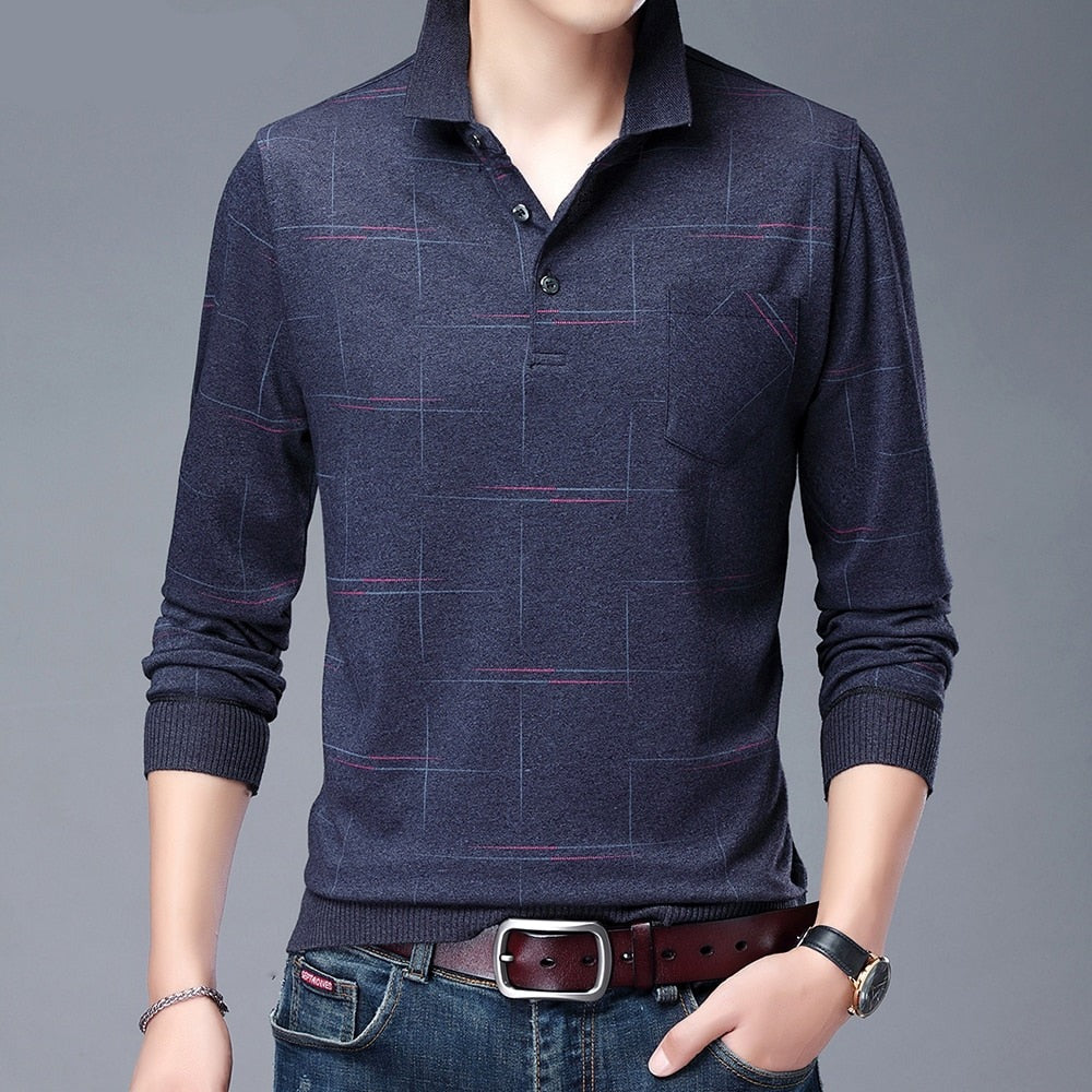 sanyamk 2022 New Fashion Designer Brand Turn Down Collar Man Polo Shirt Men Casual Plaid Spandex Long Sleeve Tops Fall Men Clothing