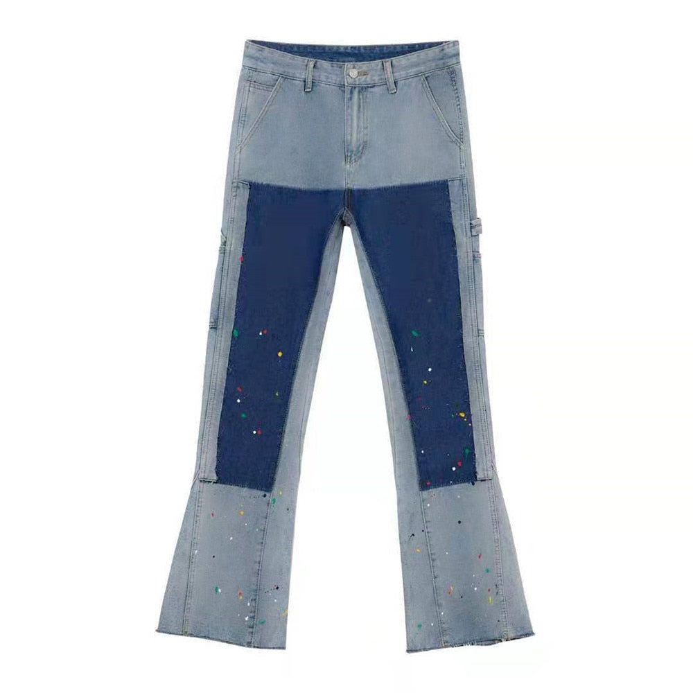 sanyamk High Street Inkjet Patchwork Blue Men Hip Hop Flares Jeans Pants Straight Retro Washed Distressed Denim Trousers Pantalon