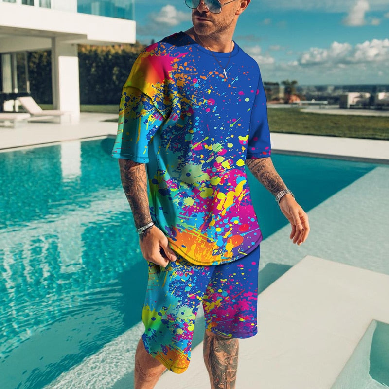 sanyamk trendy mens fashion mens summer outfits dope outfits mens street style mens spring fashion aesthetic outfits menSplatter Colorful Paint Stains 3D Print Casual Men Sets Short Outfits T Shirt+Shorts Male Tracksuit Set Men's Clothing 2 Pcs Set