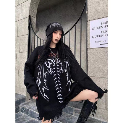 Bonsir Punk Gothic Wings Pattern Embroidery Destruction Style Oversized Sweater women Y2k Street Hip Hop Crew Neck Sweater Couple