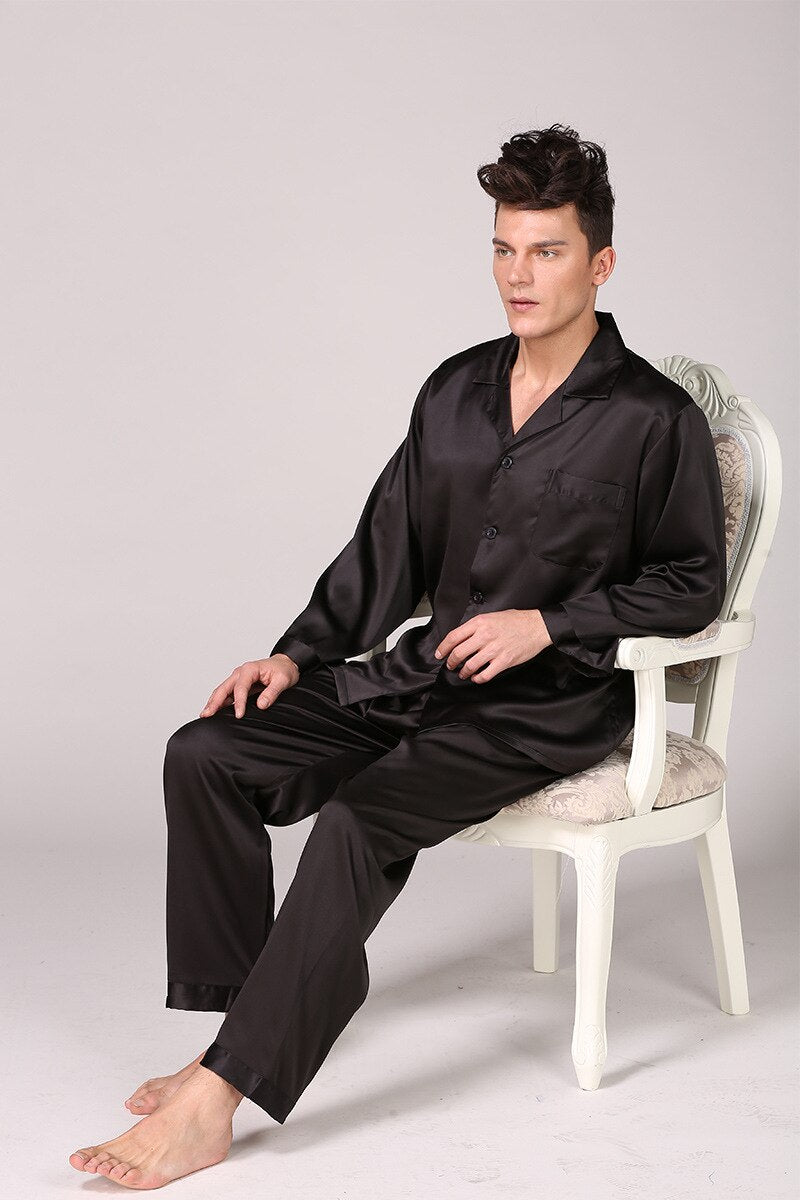 sanyamk Sleepwear Men Black Nightwear Long Sleeve Pajamas Sleeping Suit for Men Housewear Silk Pajamas for Men Sleepwear Mens Pajama Set