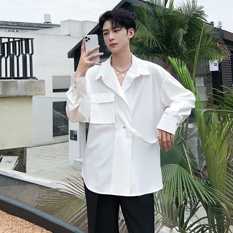 Bonsir Korean Style Men's Solid Color Long Sleeve Ribbon Shirts White/black Irregular Shirts Camisa Masculina Streetwear Clothes