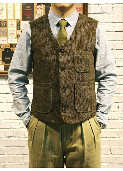 sanyamk Red Tornado Rugged Gentleman Style Wool Tweed Vest Retro Men Suit Waistcoat Green