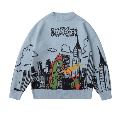 Bonsir Cartoon Youth Sweater Cute Fighting Dinosaurs Printing Autumn Winter Warm Comfortable Round Neck Pullovers Men Knitwear Coats