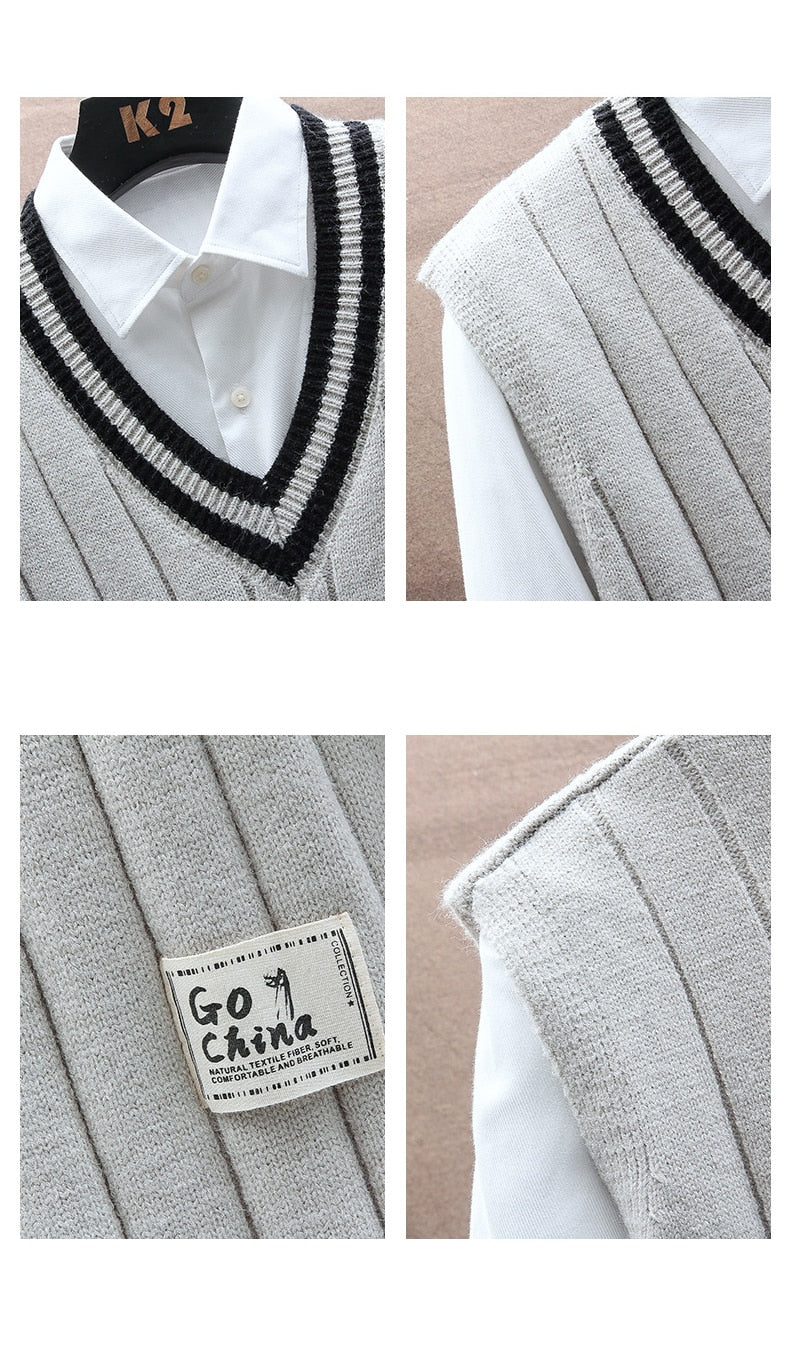 sanyamk 151 Autumn Winter Men Knitted Sweater Waistcoat Fashion Campus Casual Color Contrast Sleeveless Stripe V-Neck Patchwork Vest