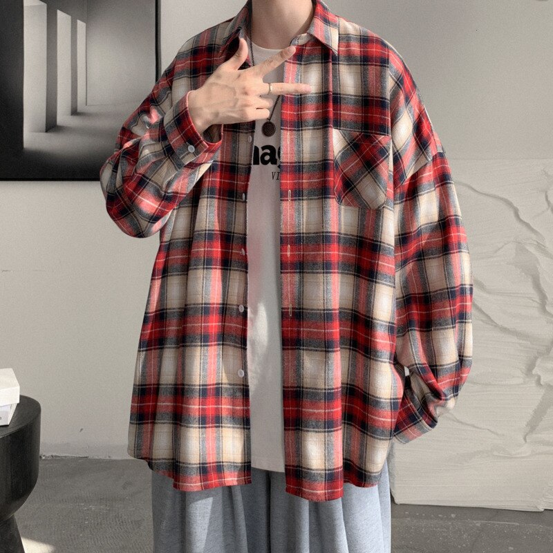 sanyamk  Spring And Autumn Plaid Shirt Men's Fashion Retro Casual Shirt Men Streetwear Korean Loose Long-sleeved Shirts Mens M-XL