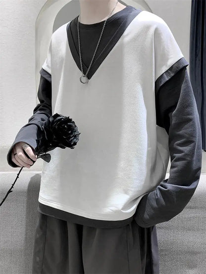 sanyamk Fake two long sleeved t-shirt men's autumn black and white contrast color sweater youth trend men's loose casual large coat