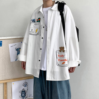 Bonsir Beautiful dirty shop homemade cartoon graffiti work clothes long sleeved shirt men's autumn fashion loose casual shirt body