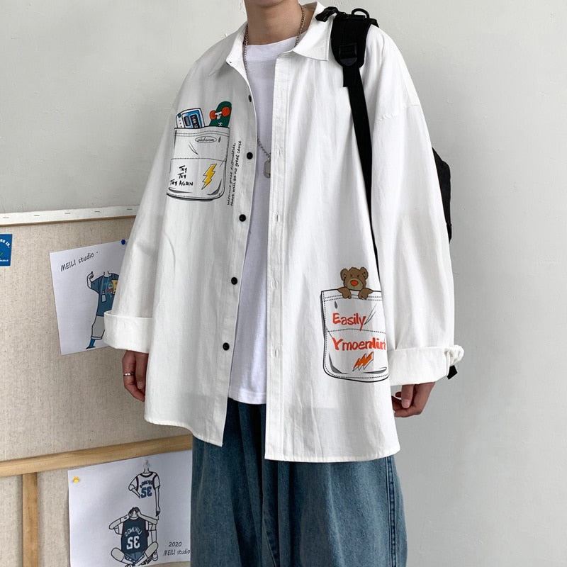Bonsir Beautiful dirty shop homemade cartoon graffiti work clothes long sleeved shirt men's autumn fashion loose casual shirt body