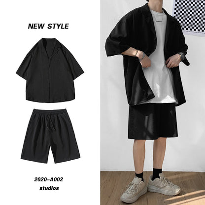 sanyamk Korean Style Men&#39;s Set Suit Jacket and Shorts Solid Thin Short Sleeve Top Matching Bottoms Summer Fashion Oversized Clothing Man