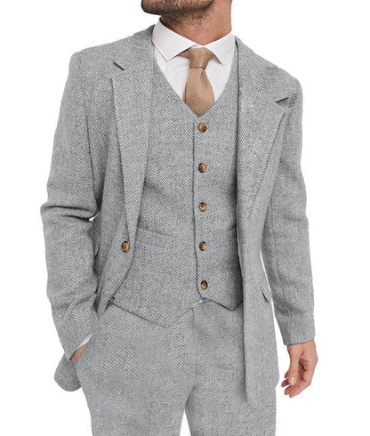 sanyamk Mens Suit Grey 3 Piece Suit Hight Quality Wool Tweed Wedding Groomsmen Shawl Lapel Tuxedos Slim Fit Blazer+Pants+vest