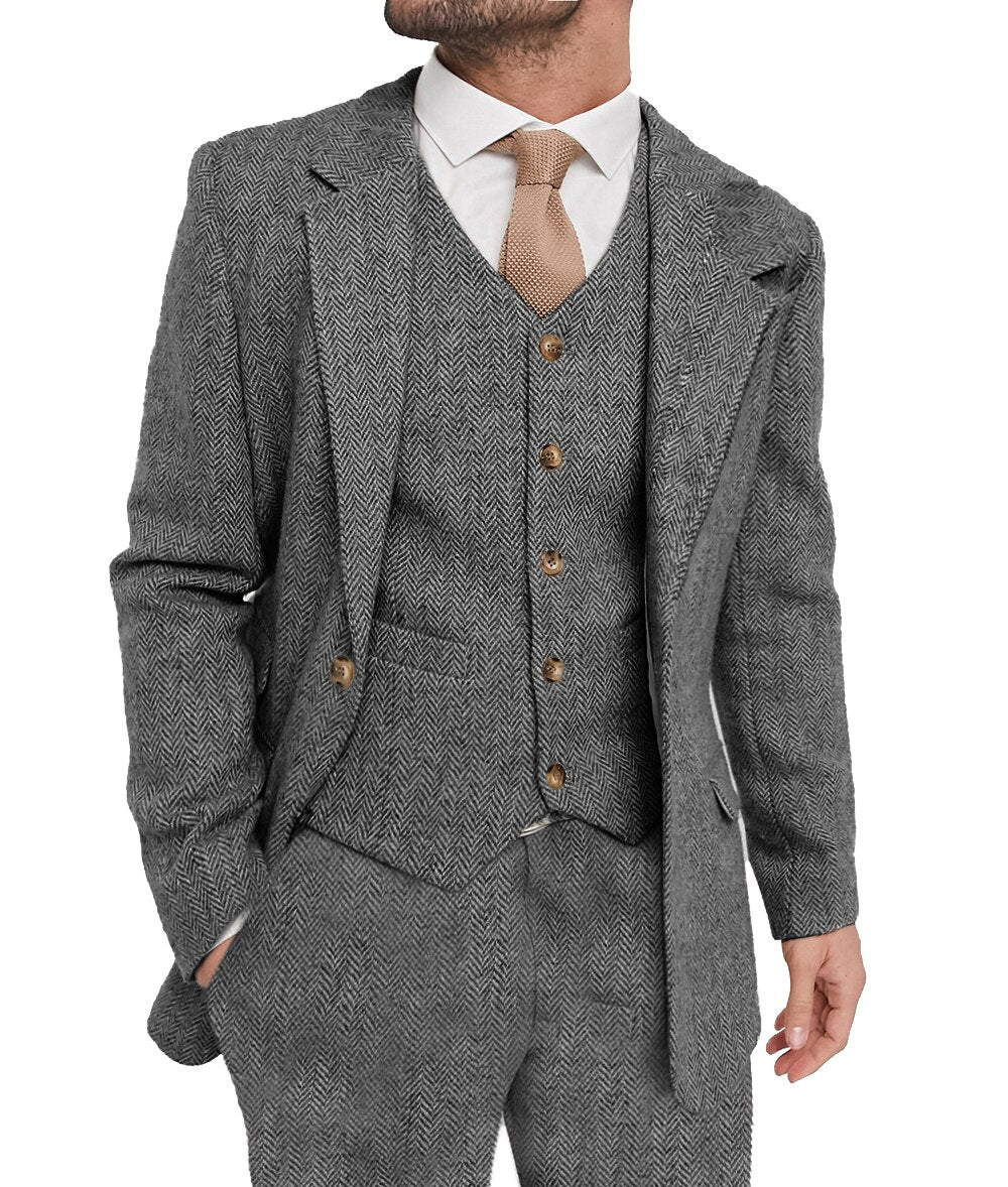 sanyamk Mens Suit Grey 3 Piece Suit Hight Quality Wool Tweed Wedding Groomsmen Shawl Lapel Tuxedos Slim Fit Blazer+Pants+vest