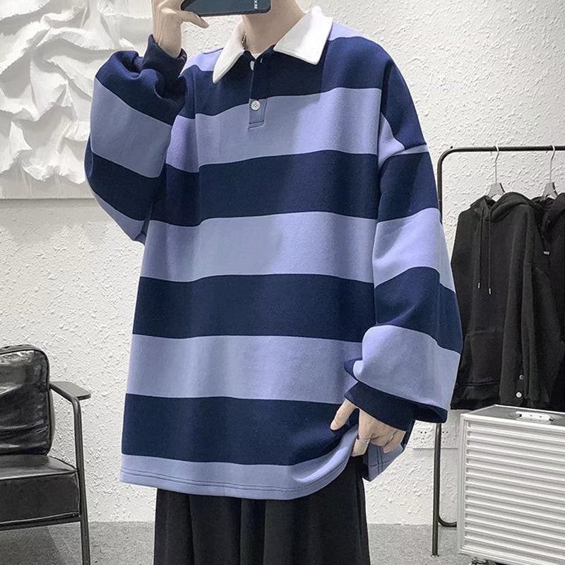 sanyamk rugby shirt outfit Spring and Autumn New Versatile Casual Hong Kong Style Striped Loose Sweater Korean Style Trendy Lapel Polo Shirt Bottoming Shirt