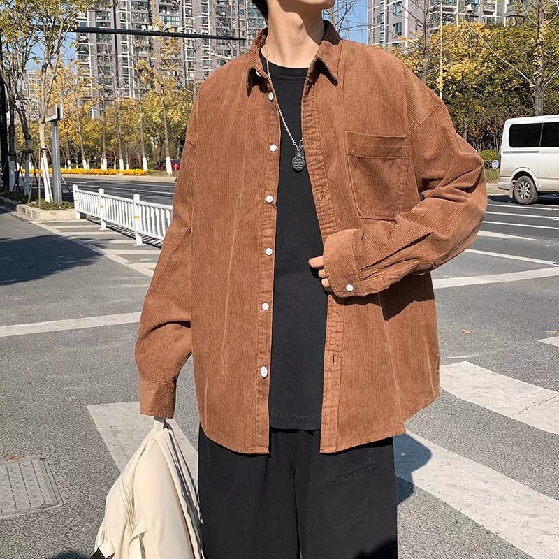 sanyamk classy outfits men Autumn and Winter Corduroy Shirt Men's Korean-Style Trendy Handsome High-Grade Shirt Loose Long Sleeve Design Jacket Men