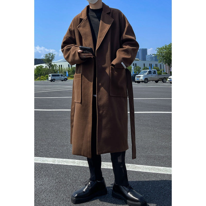 sanyamk Autumn and Winter New Mid-Length Woolen Coat Men's Hong Kong Style Loose Commuter Windbreaker Loose Coat Warm