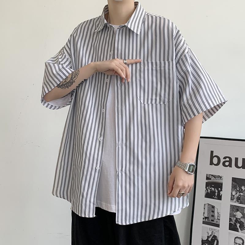 Bonsir boy outfits Cityboy Vertical Striped Short Sleeve Shirt Men's Summer Thin High Street Ins Fashion T-shirt Couple Loose Half Sleeve Shirt