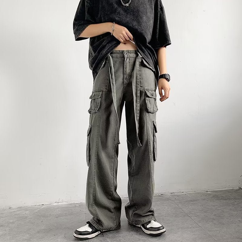 sanyamk 90s fashion men Multi-Pocket Overalls Men's Original American High Street Retro Hip Hop Ruan Handsome Japanese Straight Casual Pants Fashion