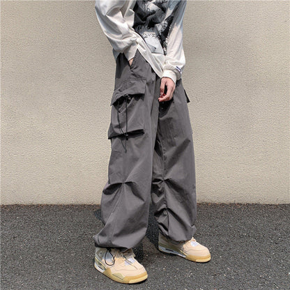 Bonsir boy outfits Multi-Pocket Workwear Casual Wide-Leg Pants Men's Spring and Autumn Hip Hop Ins Loose Straight Ankle-Length Pants