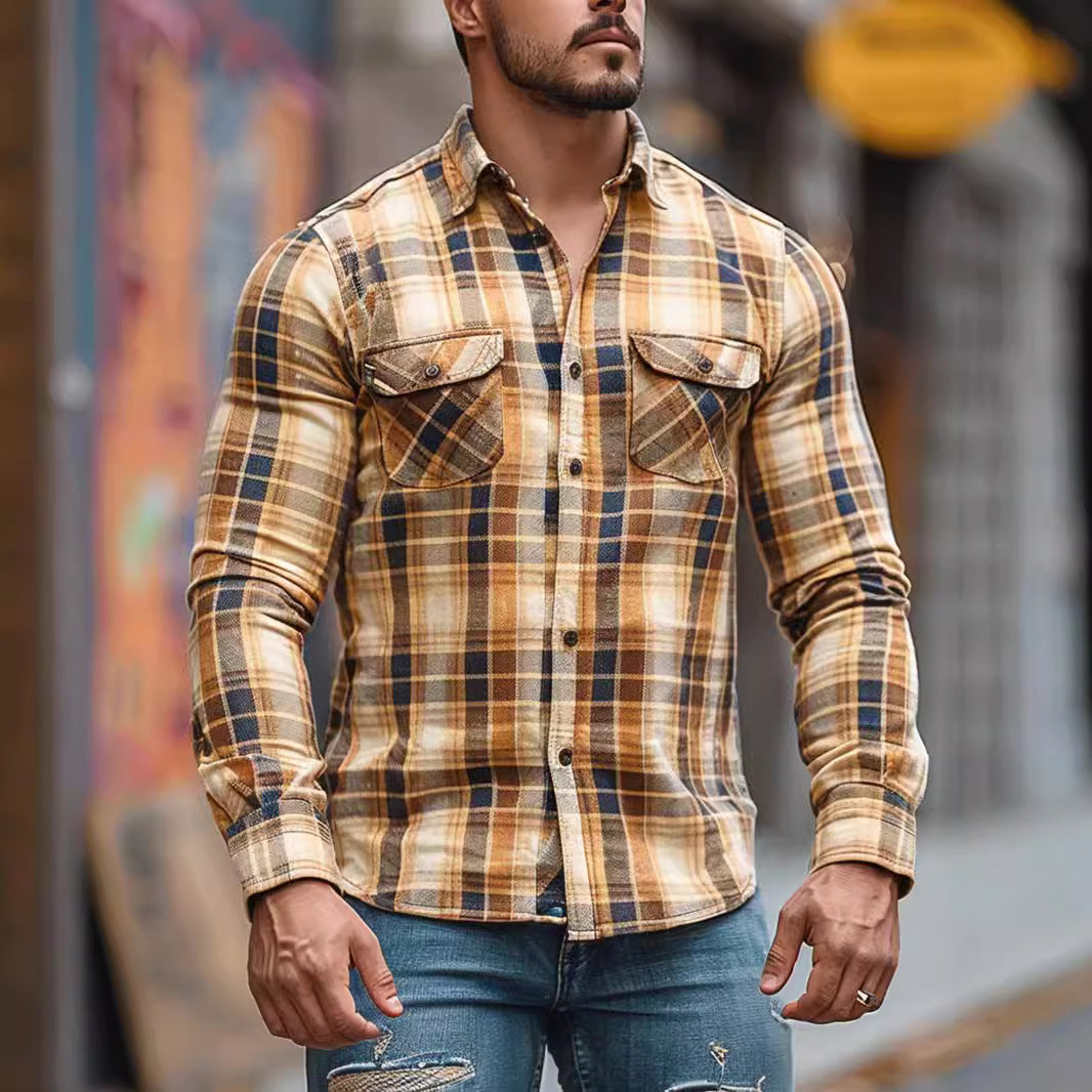 sanyamk winter outfits men 2024 Autumn and Winter Men's New Shirt Men's Plaid Printed Fleece-lined Men's Pocket Shirt