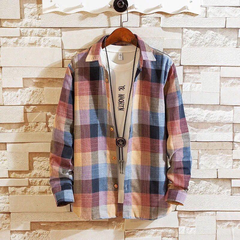 sanyamk mens clothing styles Autumn Hong Kong Style Ins Plaid Shirt Men's Long Sleeve Korean Style Trendy Handsome Jacket Casual Couple Shirt Slim Fit