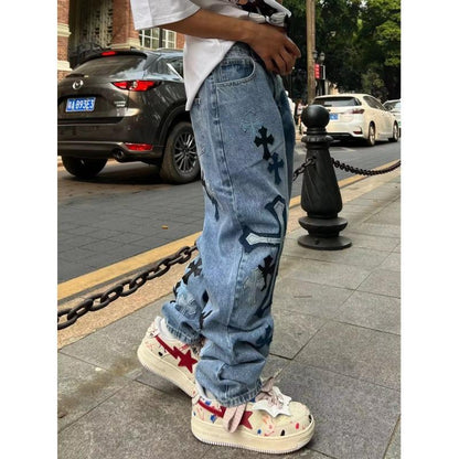 sanyamk 90s streetwear American High Street Original Patch Cross Embroidered Jeans Men's and Women's National Fashion All-Match Slim Slimming Long Pants Fashion