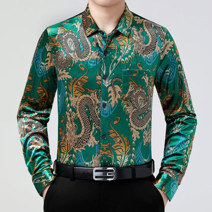 sanyamk older mens fashion Retro Dragon Pattern Long-Sleeved Shirt Men's Autumn and Winter Shirt Men's Casual Western Style Shirt Dad Wear