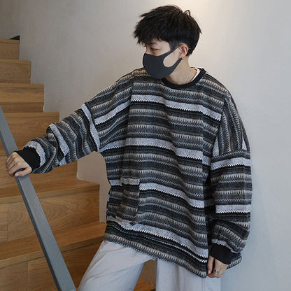 sanyamk fall outfit men Ethnic Style Retro Striped Woolen Sweater Men's Fashionable Pullover Oversize Loose Lazy Style Korean Style Men's Top