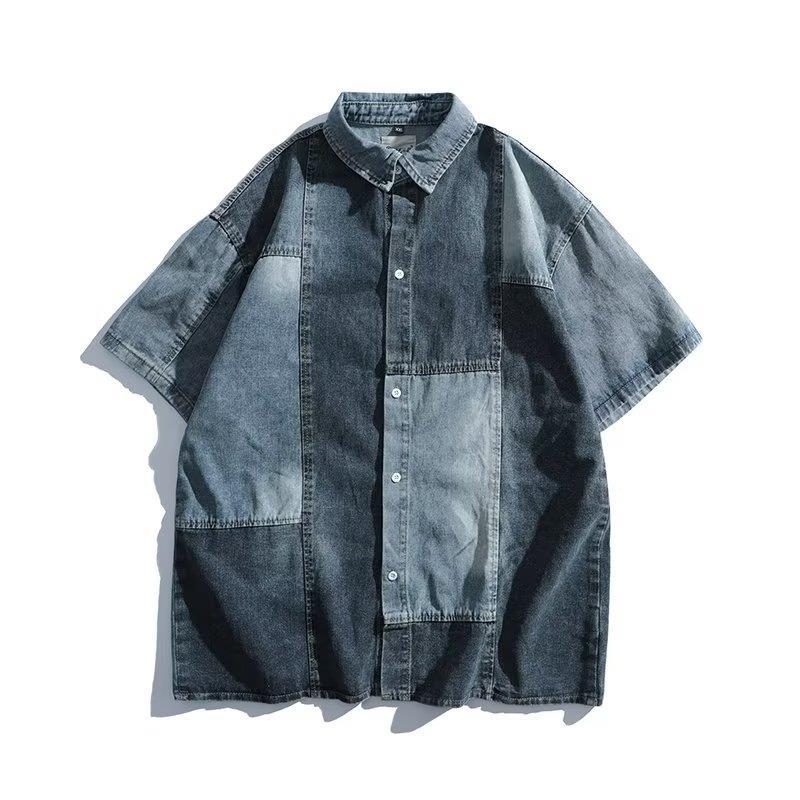 sanyamk 90s fashion men American-Style Retro Niche Stitching Denim Short-Sleeved Shirt Men's Shirt Junior Shirt Coat Women's Fashion