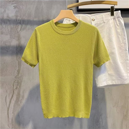 sanyamk men fall outfits Fashionable New Striped Ice Silk Short-Sleeved T-shirt Casual Simple Slim Men's Top Clothes Trendy Sweater