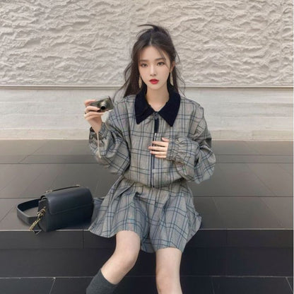 Autumn and winter women's clothing fashion plaid suit skirt loose and thin short coat women's pleated skirt two-piece set K9056