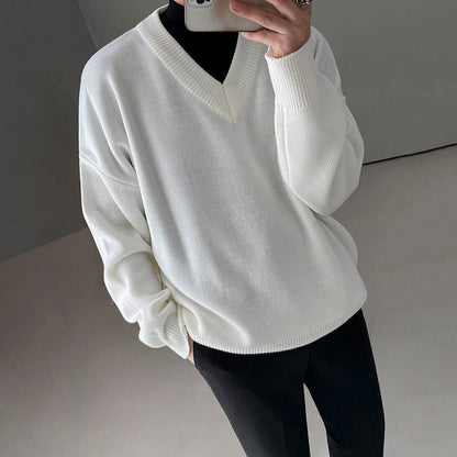 sanyamk fall outfit men Sweater Men's Autumn and Winter Korean Style Trendy Sweater Jacket Loose Lazy Style White V-neck Pullover Sweater