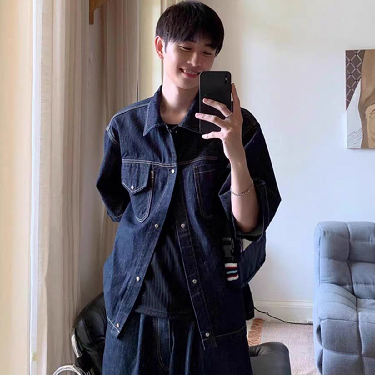 sanyamk boy outfits Summer New Denim Suit Men's American Street Loose Casual Dark Blue Shirt Wide Leg Cropped Pants Two-Piece Set