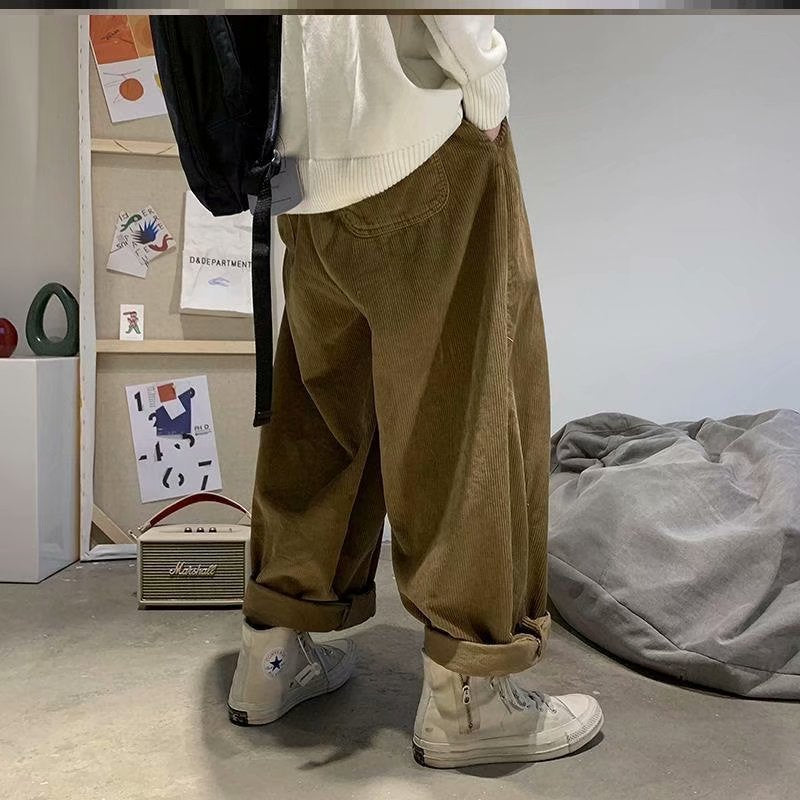 sanyamk men fall outfits casual Spring and Autumn Japanese Harajuku Style Corduroy Pants Fashionable Retro Trendy Loose Straight Casual Pants Harem Wide Leg Pants