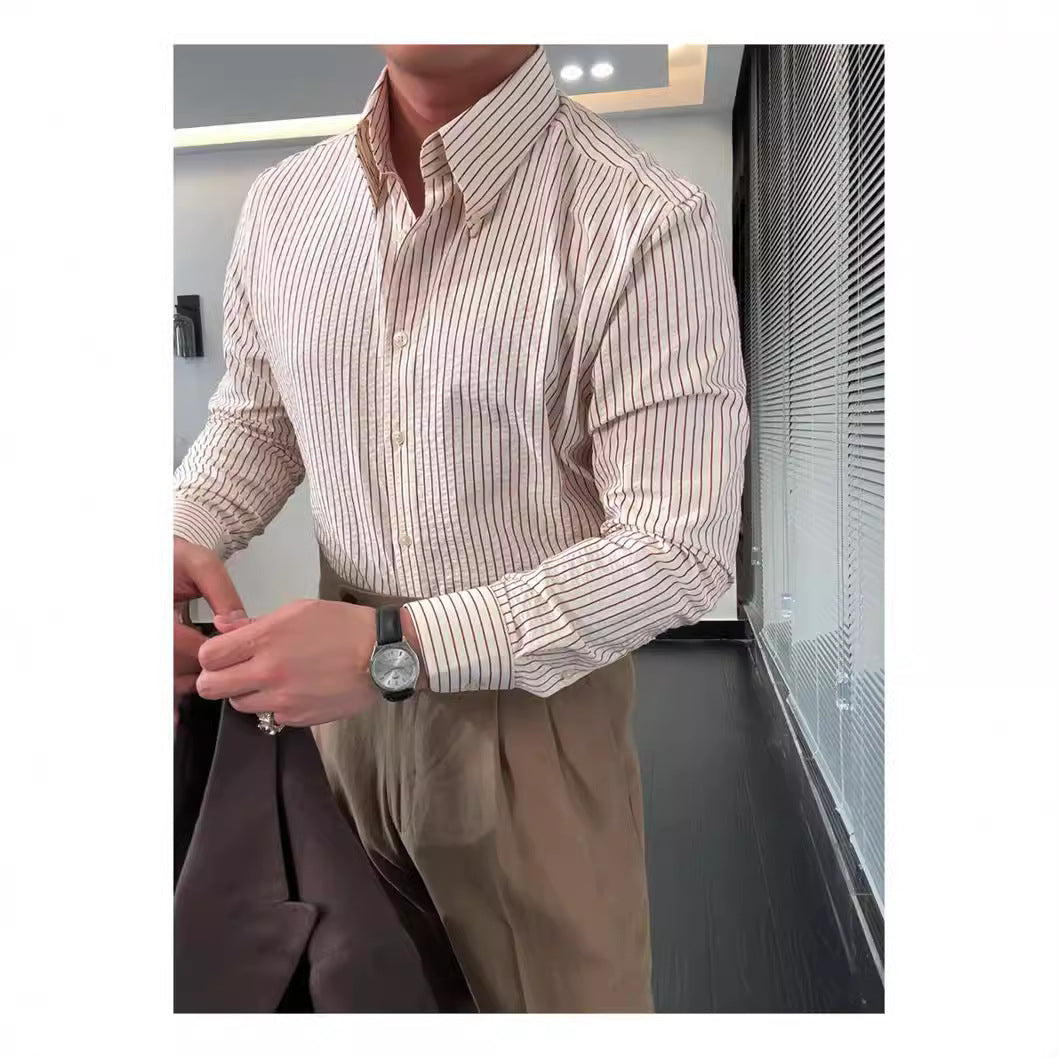 sanyamk semi formal men outfit Autumn Men's Business Casual Slim-Fit Long-Sleeved Shirt High-Grade Red Striped Seersucker Striped Shirt Men