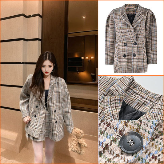 Small women's loose woolen jacket women's  autumn and winter new suit collar retro plaid coat KX041