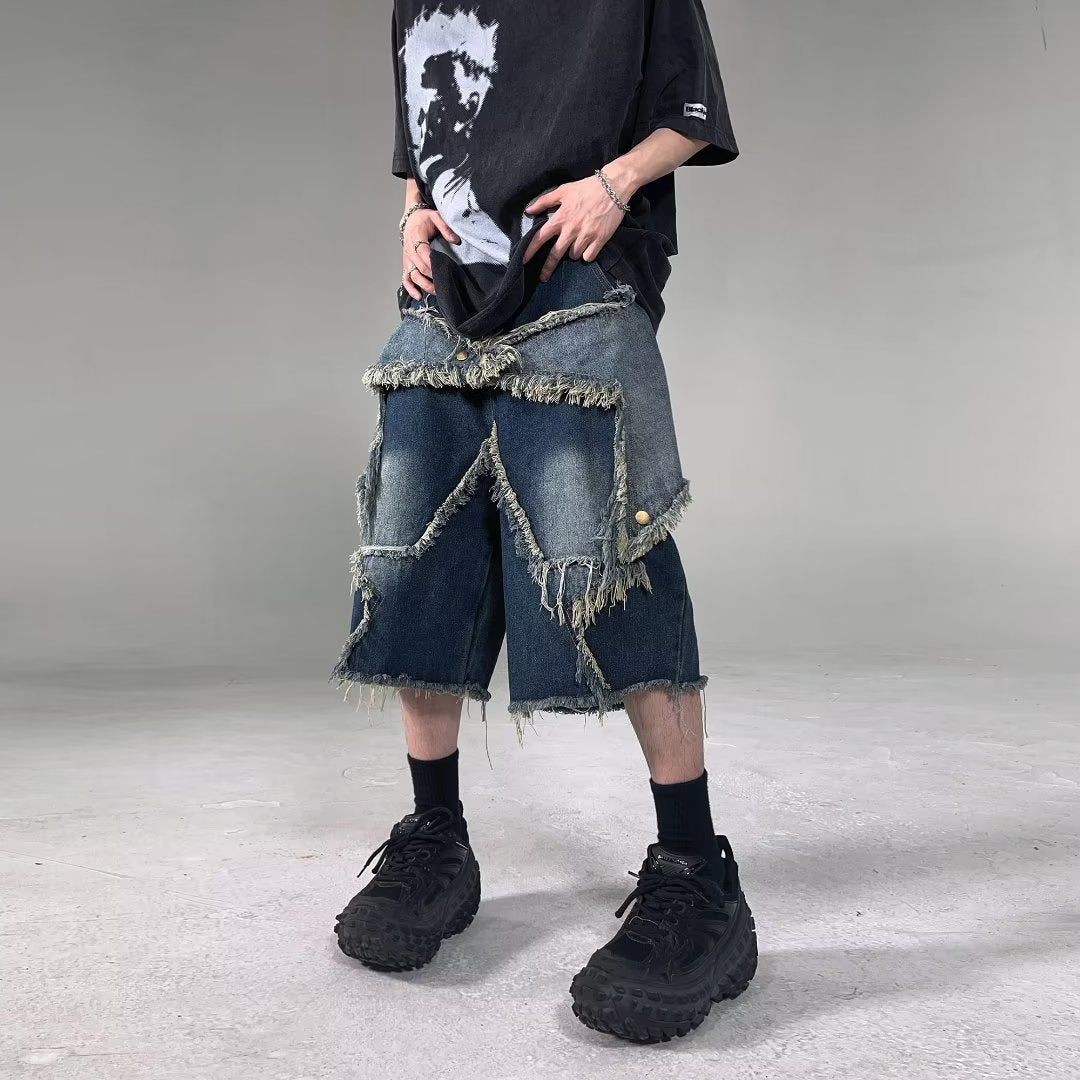 sanyamk skater boy outfits American-Style Retro Multi-Pocket Star Frayed Jeans Men's and Women's Loose Washed Distressed Wide-Leg Pants Summer