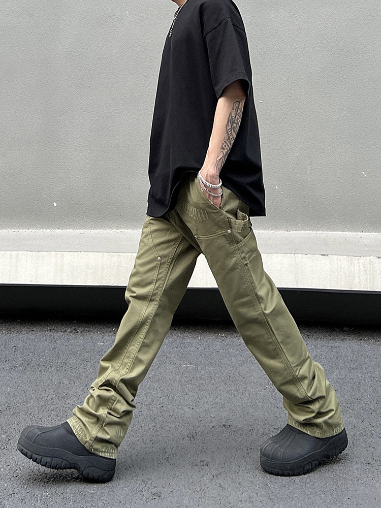 sanyamk 90s fashion men American Vibe Style Army Green Logging Overalls Ins Straight Micro Flared Trousers Cleanfit Pants