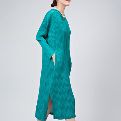 Pleated Skirt Dress Women's Summer Temperament Casual Hooded Long Sleeve Loose Large Size Split Fork Premium Medium and Long Skirt