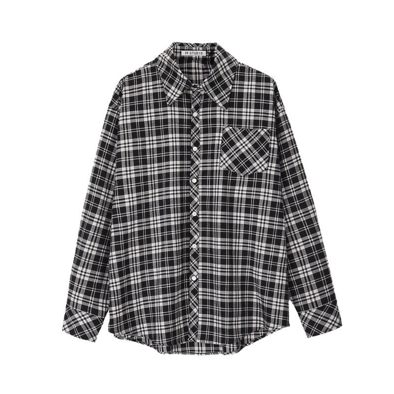 sanyamk 90s streetwear Spring and Autumn Japanese Style Black and White Plaid Long-Sleeved Shirt Men's Niche Retro Hong Kong Style Loose Shirt All-Matching Coat