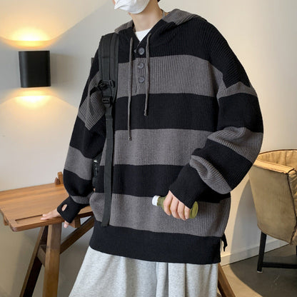 sanyamk skater boy outfits Retro Striped Sweater Sweater Men's Autumn and Winter Japanese Loose Ins Trendy Sports Hooded Sweater Coat