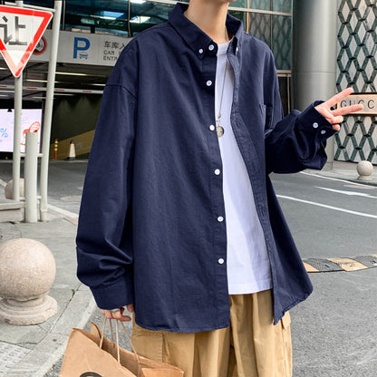 sanyamk mens fall fashion Japanese Style Cityboy Solid Color Long-Sleeved Shirt Summer Men's Niche Design Sense Stacked Lapel Shirt Coat Fashion