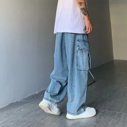 sanyamk 90s fashion men INS Japanese Style Street Retro Draping Loose Wide Leg Casual Large Pocket Workwear Denim Washed Dad Pants Men and Women