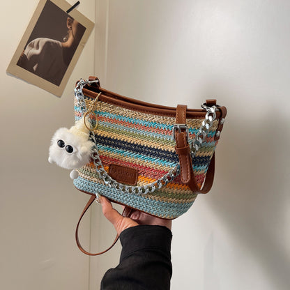 SANYAMK 2025 Versatile straw woven small bag women's popular new fashion chain bucket bag summer popular woven bag messenger bag